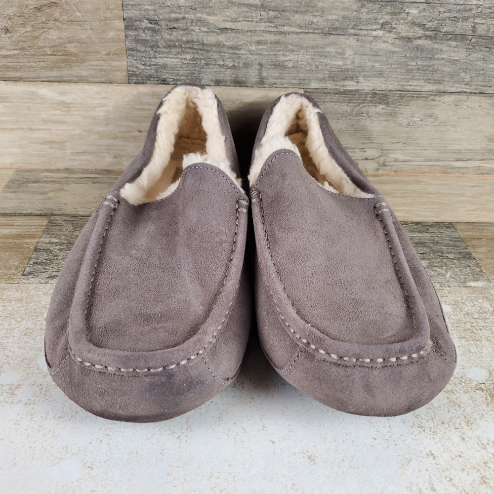 UGG Ascot Mens Slippers Sz 10 Comfort Gray Suede Leather Shearling Lined Slip On - Picture 2 of 10
